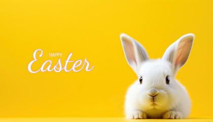 Obraz premium Little white bunny. Isolated over yellow background. Happy Easter.