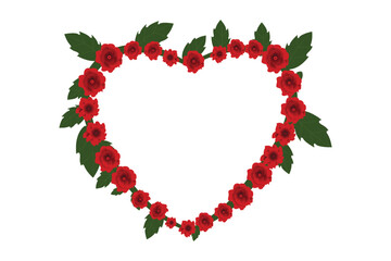 Heart rounded Red roses and green leaves