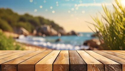 An image of the summer sea seen through a wooden table.
