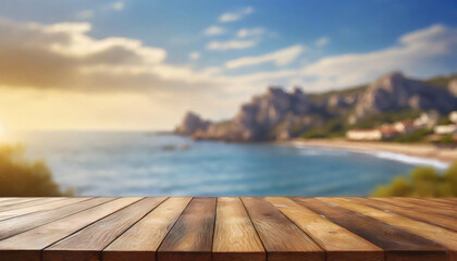 An image of the summer sea seen through a wooden table.