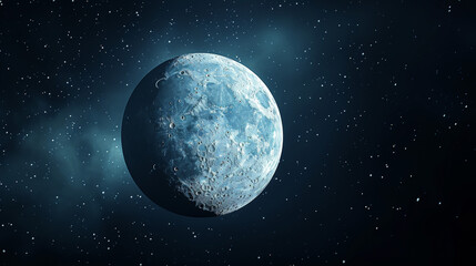 Close-up of the moon's cratered surface with a surreal blue tone.