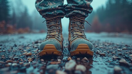 Row of Soldiers Standing at Attention in Camouflage Uniforms During Daylight Training Exercise