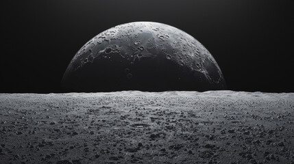 The moon looms over a barren lunar horizon, a stark and desolate landscape. - obrazy, fototapety, plakaty