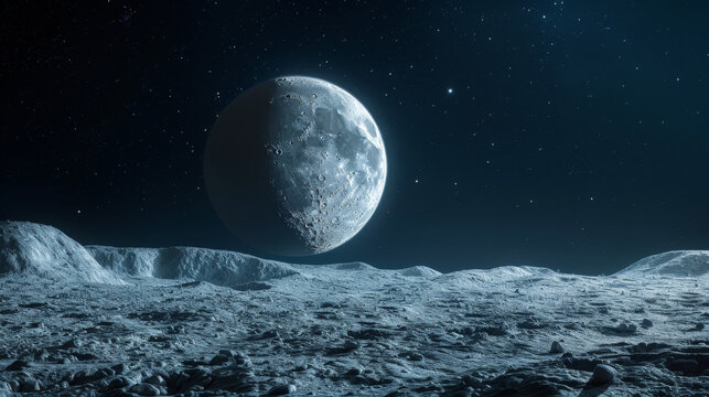 The moon looms over a barren lunar horizon, a stark and desolate landscape in blue hues.