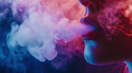 Close-Up View of a Woman Exhaling Vapor From an Electronic Cigarette Under Blue Neon Light