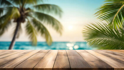 木のテーブル越しに見えるの夏の海のイメージ素材。An image of the summer sea seen through a wooden table.