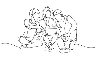 Friends Group Continuous One Line Drawing. People Talking Minimalistic Black Lines Drawing on White Background. Friends Group Line Art Abstract Drawing. Vector Illustration