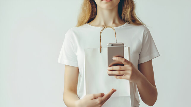 Hipster girl in casual white t-shirt holding smartphone and blank paper bag with copy space for logo or design, mock-up of white shopping package, white wall background, shopping online concept.
