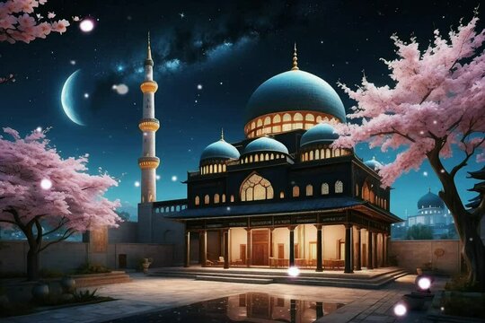 a beautiful mosque with cherry blossom trees, a view of shooting stars at night, ramadan kareem, ramadan background.  Seamless and looping animation
