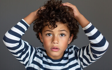 Young Boy With Curly Hair Wearing a Striped Shirt - Powered by Adobe