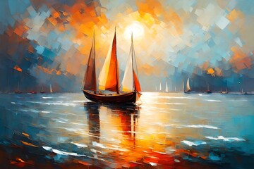 Colorful oil painting on canvas texture. Impressionism image of seascape paintings with sunlight background. Modern art oil paintings with boat, sail on sea. Abstract contemporary art for background - obrazy, fototapety, plakaty