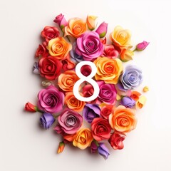 Number 8 with flowers with on bright white background. , March 8th concept.