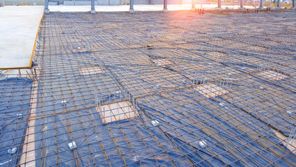 Deep Foundation Footing Reinforcement Steel with wire mesh structure on the Ground for reinforced...