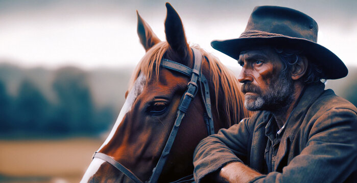 Contemplative veteran cowboy and his trusty horse in the American West