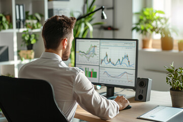 A man sitting in front of a monitor in his home office and looking at the display of various graphs