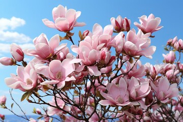 A blooming magnolia tree standing against a clear blue sky on a sunny day.
