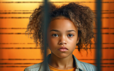 Young Girl With Curly Hair Standing in Front of a Jail Cell