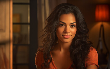 Fototapeta premium Woman With Long Black Hair and Red Shirt