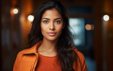 Obraz premium Woman in Orange Shirt Poses for Photo