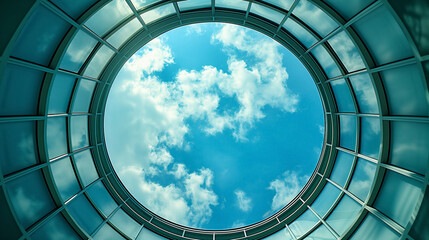Sky viewed through a circular glass architecture.
