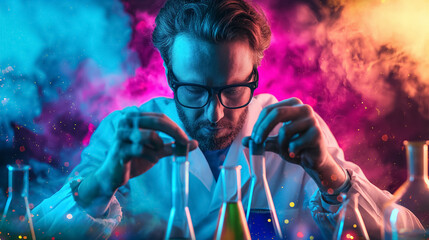 Focused scientist performing colorful experiments in lab.