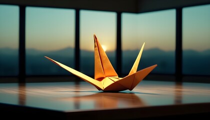 Swann origami on a table, sunset on the mountains background from the windows behind, blurred