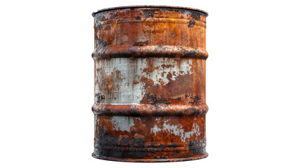 Old metal barrel covered in rust on transparent background