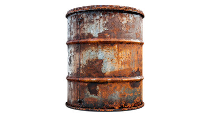 Old metal barrel covered in rust on transparent background