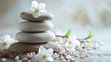 Fototapeta na wymiar Zen stones with white flowers and pebbles around.