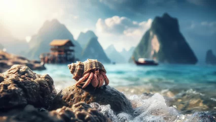 Poster Hermit crab on the rock in the background of the sea and mountains © Marpa