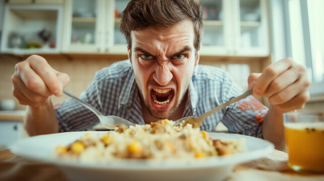 Man angrily eating with forks in hands.