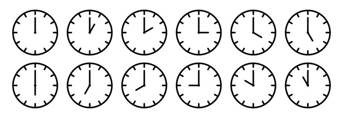 Clocks hands icon. Time sign for every hour. Stopwatch, clock faces set. Evening, morning and noon time. Simple hour icons. Vector illustration isolated on white background.