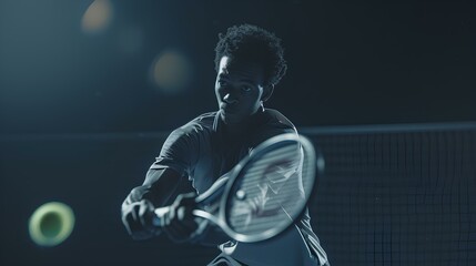 Fototapeta na wymiar A male tennis player in mid-swing hitting a tennis ball on the court