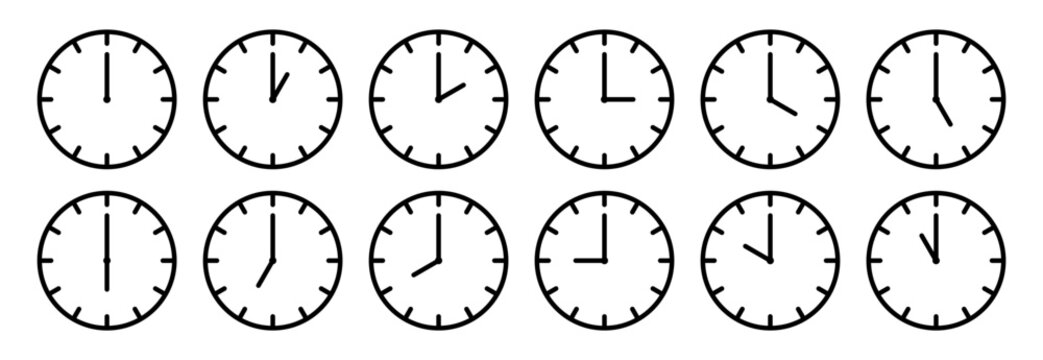 Clocks hands icon. Time sign for every hour. Stopwatch, clock faces set. Evening, morning and noon time. Simple hour icons. Vector illustration isolated on white background.