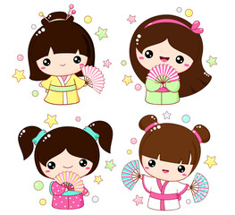 Set of cute little girls with fans in kawaii style. Hanami season collection of Japanese traditional toy kokeshi doll in kimono. Vector illustration EPS8  