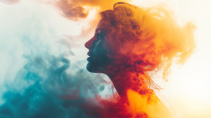 Surreal image of a woman with colorful smoke trails.