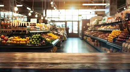 Wooden table in heart of bustling supermarket food department capturing essence of modern retail and consumer lifestyle unique perspective of shopping with shelves of products in blurred background