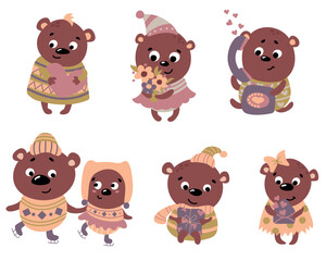 A set of valentine bears on a white isolated background. 