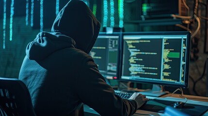 Mysterious Hacker in a Hoodie Engaged in Cybersecurity Breach at Nighttime