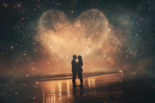 Silhouetted figures of a couple stand against a shimmering heart-shaped firework display on a beach at night, an image well-suited for celebrations, romantic moments, or Valentine's Day events. High