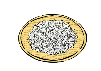 しらすのイラスト、シンプルな素材、ざるに盛り付けられた釜揚げシラス