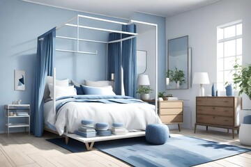 Blue and white bedroom with minimalist canopy bed and chest of drawers - 3D Rendering