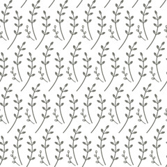 Seamless vector pattern of willow branches on a transparent background, spring natural motif, monochrome endless texture, wallpaper, textile print.