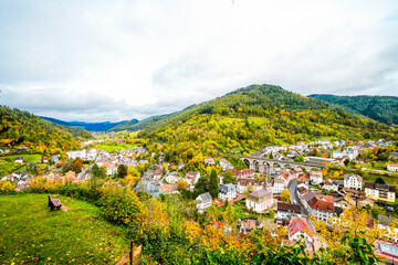 View of the town of Hornberg and the surrounding nature from Hornberg Castle. Landscape with a town in the Black Forest.
 - obrazy, fototapety, plakaty