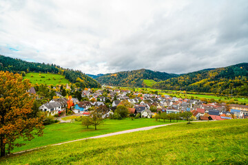 View of the town of Hausach from Husen Castle near Hausach. Landscape with a village in the Black Forest in the Kinzig valley.
