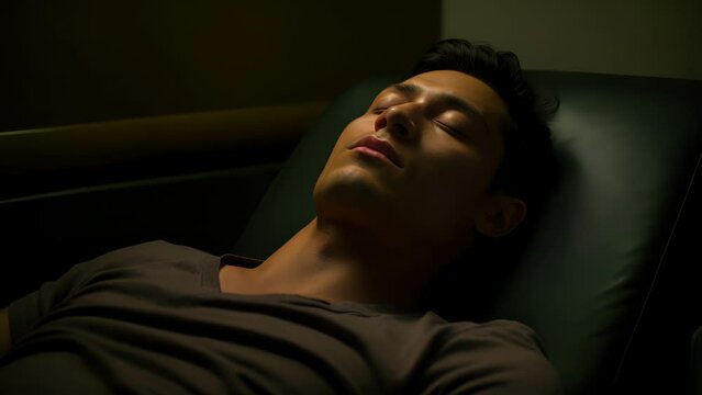 youthful Latino man laying down on therapy couch, eyes closed, deep within session of Prolonged Exposure. the present but quiet, allowing him to narrate distressing memory repeatedly to help