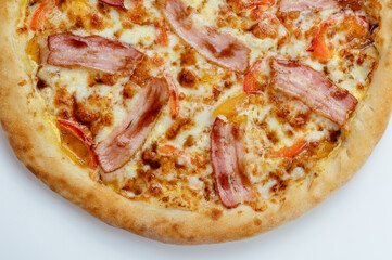 pizza with bacon, vegetables and mozzarella cheese
