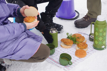 The family had a picnic after winter fishing, close-up
