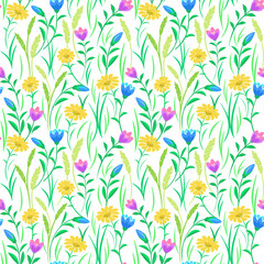 Wildflowers and herbs seamless vector pattern, colorful spring floral background, textile print, wallpaper.