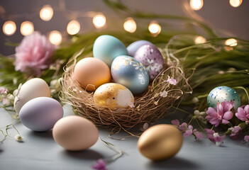 Fototapeta na wymiar Easter colorful eggs lie in a grass basket